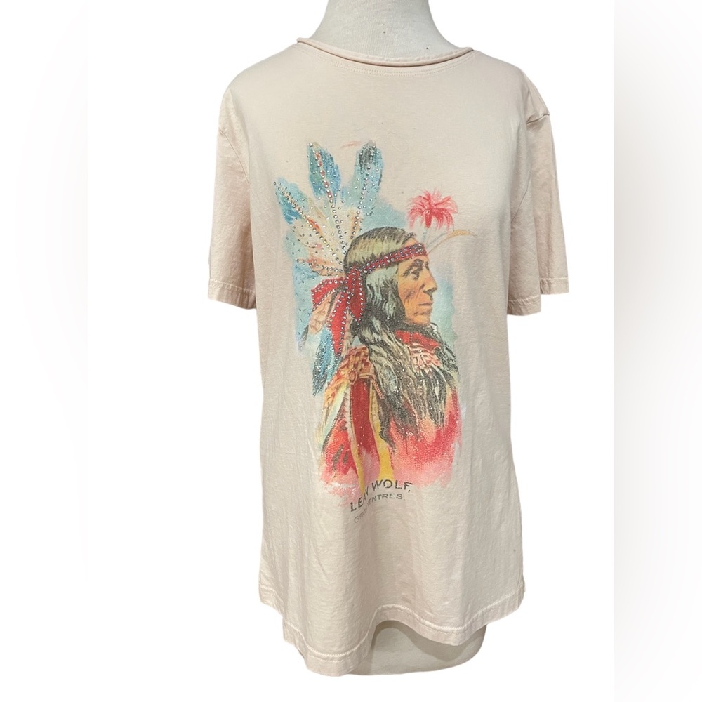 American Bling Women's Mineral Wash "Lean Wolf Gros Ventre" Tribal Graphic Tee L
